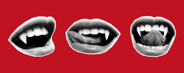 istock Vampire mouths with different emotions cut out of paper, halftone collage style stickers 2180967035