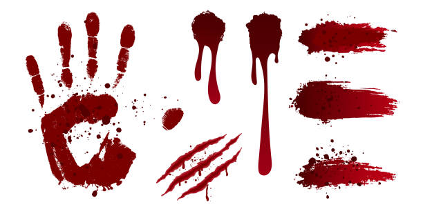 istock Cuts and wounds of different shapes, palm print. Blood spatter, bullet marks 2180967094
