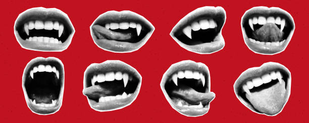 istock Open mouths of vampire with different emotions cut out of paper, halftone collage style 2180967108