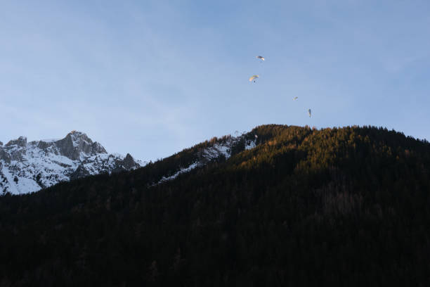 paragliders in winter flying over snowy large mountains high in the sky