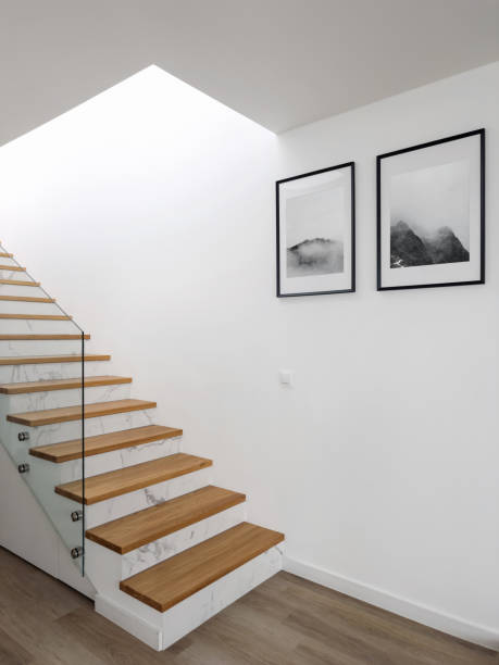 Residential building with wooden staircase and modern interior design