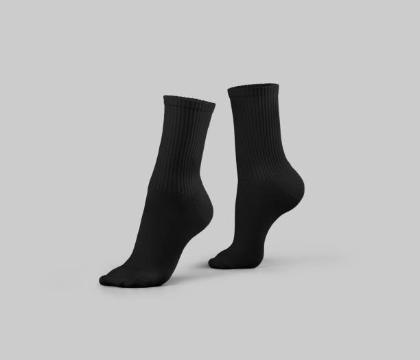 istock Black high gaiters mockup 3D rendering, side view, on tiptoes, socks for design, pattern, branding. 2180973822