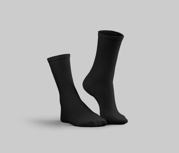 istock Black long socks template 3D rendering, side view, stretched ankle of one leg, for design, branding. 2180973957