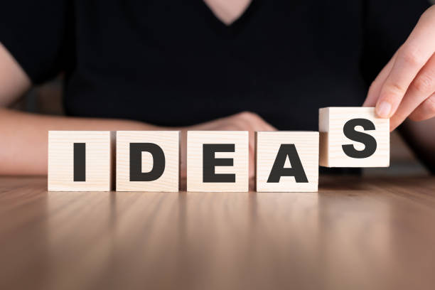 Ideas word with wooden blocks on table