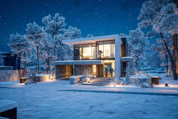 istock 3d rendering of flat roof house with concrete facade in winter night 2180977205