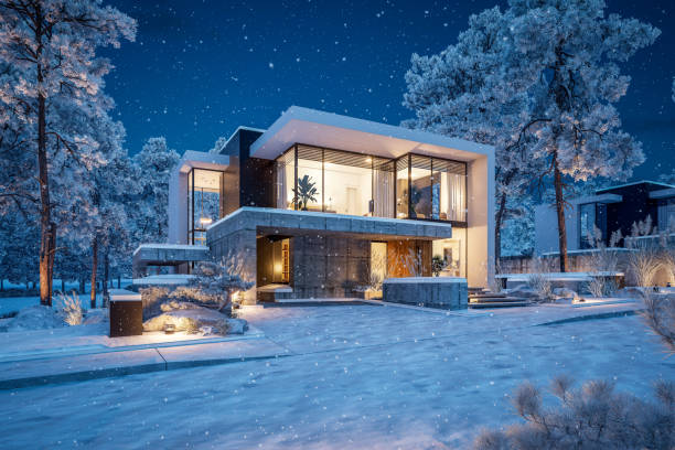 istock 3d rendering of flat roof house with concrete facade in winter night 2180977227