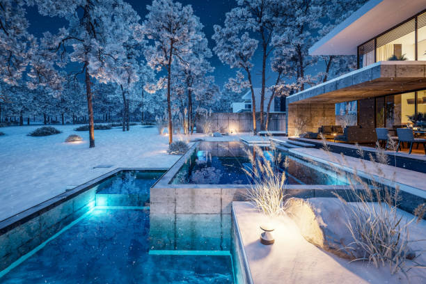 istock 3d rendering of flat roof house with concrete facade in winter night 2180977288