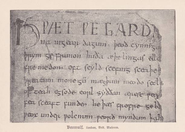 istock Beowulf manuscript, medieval english heroic epic poem, halftone print, 1895 2180978946
