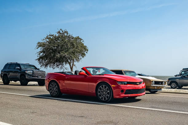 Gulfport, MS - October 04, 2023: Wide angle front corner view of a 2014 Chevrolet Camaro LT Convertible at a local car show.