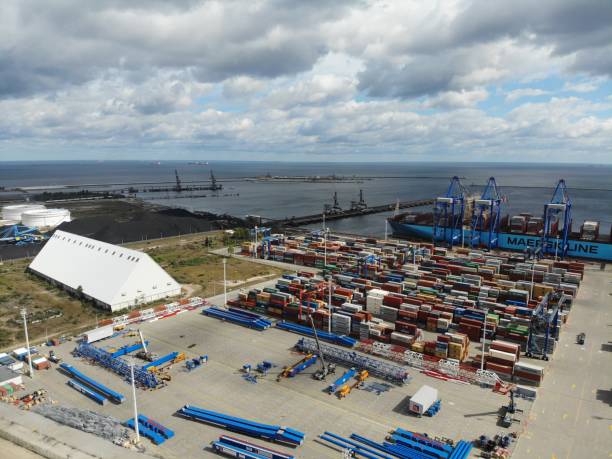 Gdansk, Poland - 08 12 2018: Cargo containers freight transportation in port Gdansk, Poland. Gdansk port is one of the largest seaports on the Baltic Sea.