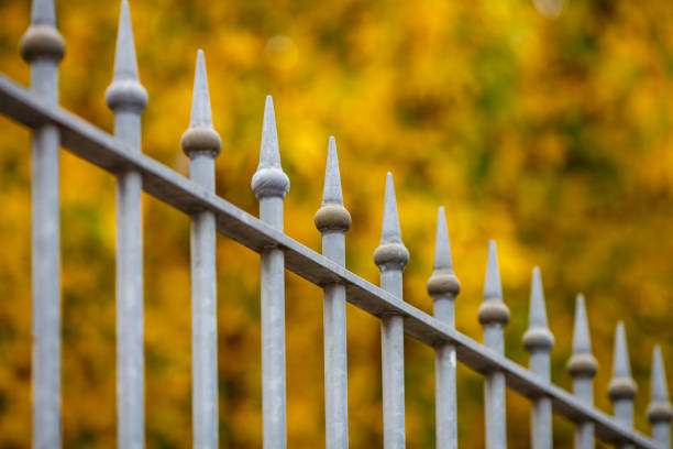 Decorative black iron fence and its shadow against a tan stone wall.