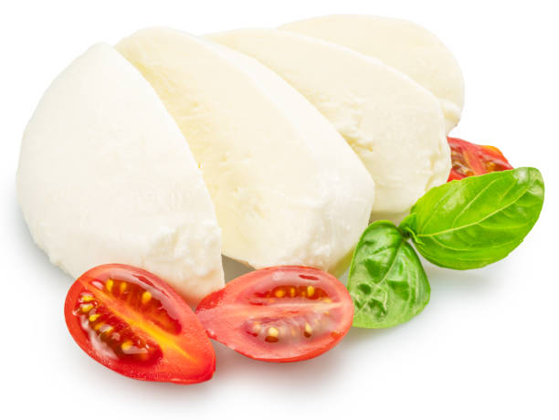 istock Sliced mozzarella cheese with basil leaves and cherry tomatoes on white background. File contains clipping path. 2181000232