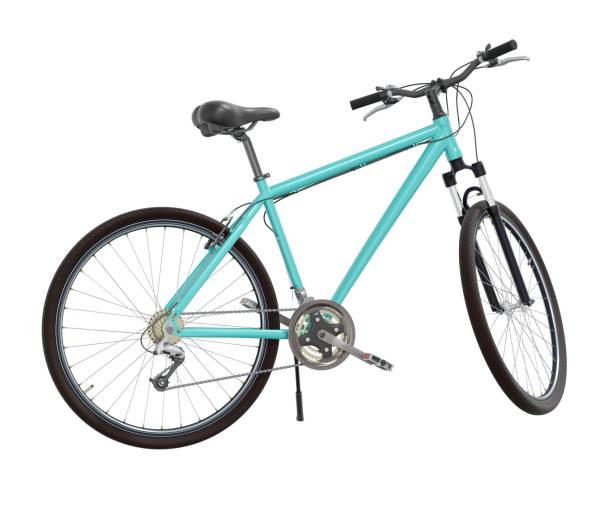 istock Blue teal bicycle standing on kickstand, side view isolated on white background, 3D illustration 2181000362