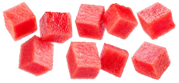 istock Set of watermelon cubes isolated on white background. File contains clipping paths. 2181000689