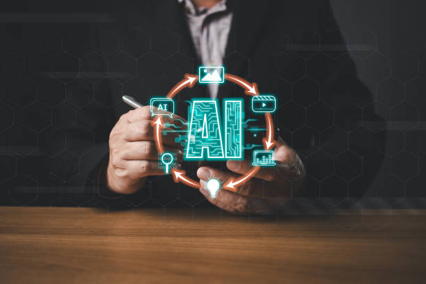 istock Ai generates creation content concepts. Man's hand use AI icon technology, Marketers education, research, analyze media video streaming online marketing strategies to grow their digital business. 2181007348