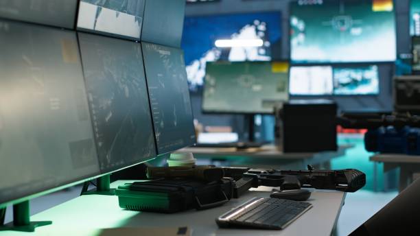 istock Panning shot of empty military base with radar systems tracking enemy 2181008473