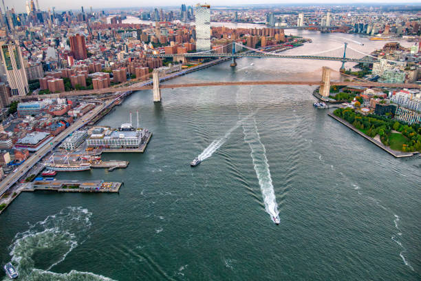 Panoramic view of Brooklyn's skyline seen from Manhattan, featuring the NY Waterway ferry crossing the East River. Prominent in the scene is One Willoughby Square and the green-roofed Williamsburgh Savings Bank Tower.