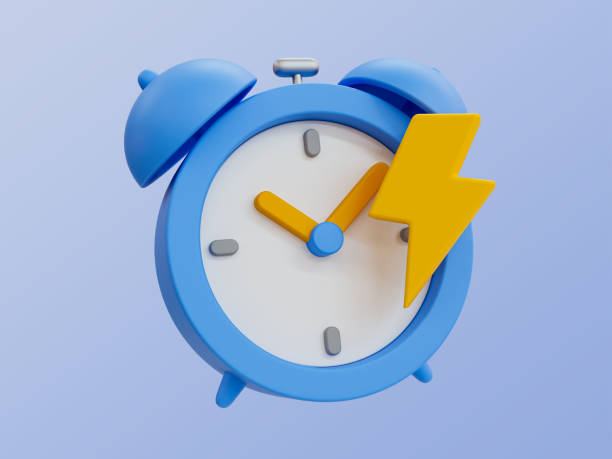 istock 3D illustration of blue alarm clock with a yellow lightning bolt. 2181017185