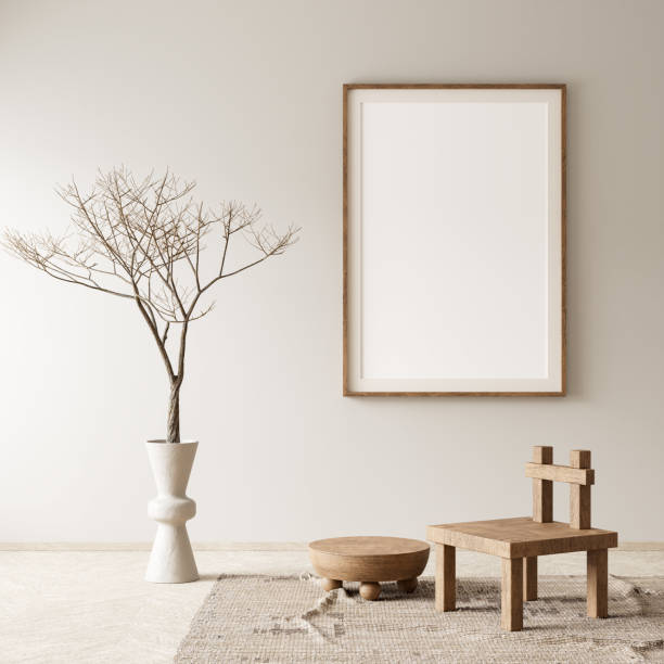 istock Mock up poster frame in boho style decorated livinig room. Modern, authentic Interior design of living room with wooden furnitures. 3D illustration 2181018439