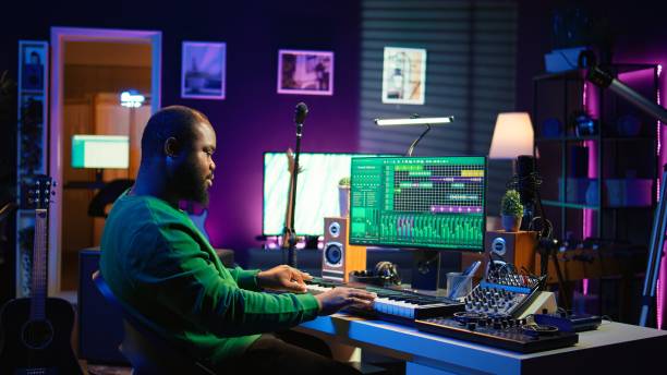 istock Skilled music producer creating new songs on midi controller synthesizer 2181019142