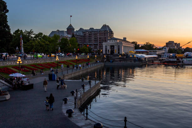 Victoria, British Columbia, Canada - July 18th, 2024: Twilight view of the waterfront in the downtown