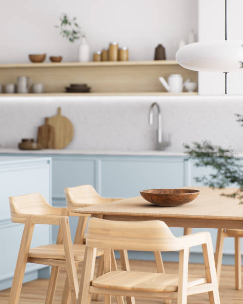 istock Beautiful modern kitchen interior with light wooden elements complemented by blue accents 2181027214