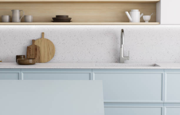 istock Discover a modern kitchen design with beautiful light blue cabinets and minimalist decor 2181030124
