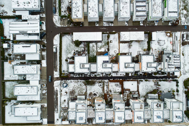 istock Houses after snowfal, aerial view 2181030858