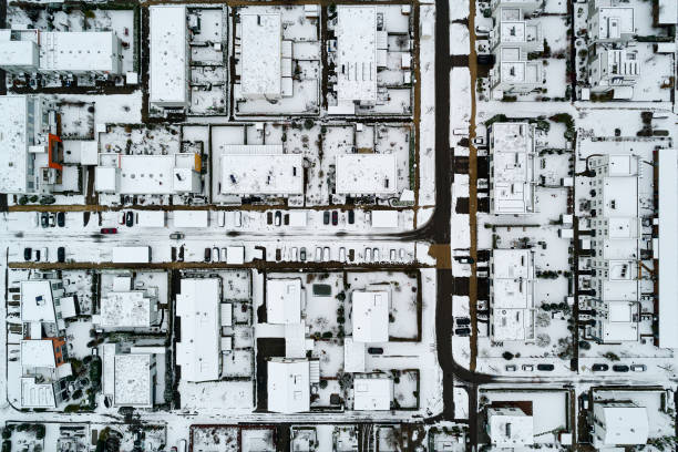 istock Residential district in snow from above 2181031036
