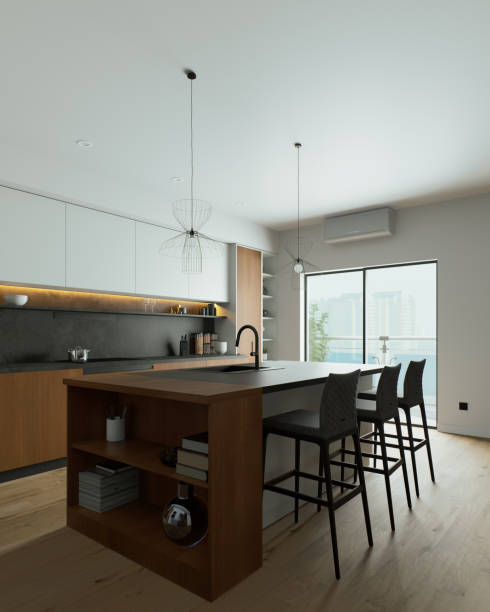 istock Explore the stylish modern kitchen interior featuring a beautiful island and minimalist design 2181038566