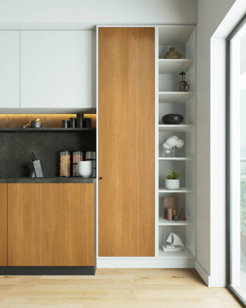 istock Modern kitchen with stylish wood accents and open shelving for a unique, inviting look 2181038892