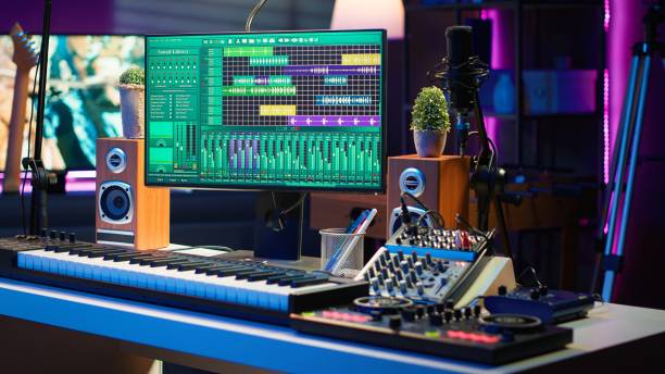 istock Empty home studio desk with DAW software and mixing console used for mixing 2181039410