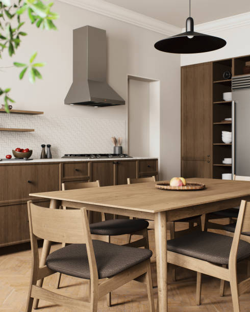 istock Contemporary modern kitchen with dining area with natural elements and decor 2181040669