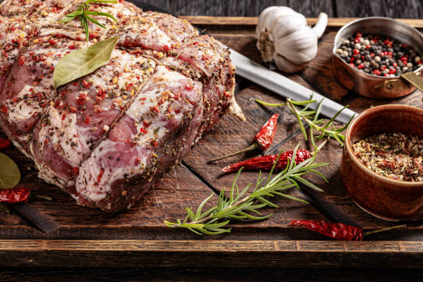 istock Prepared for roast Raw Pork neck butt, top view 2181046552