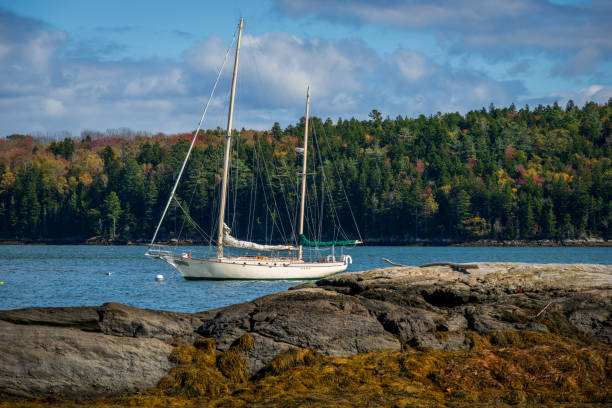 A beautiful landscape picture featuring a sailboat surrounded by beautiful fall colors and and rugged coastline in New Hampshire.