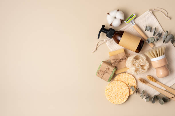 istock Eco-friendly personal care products featuring bamboo toothbrushes, soap bars, and reusable items 2181047326