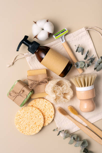 istock Eco-friendly personal care products featuring bamboo toothbrushes, soap bars, and reusable items 2181047327