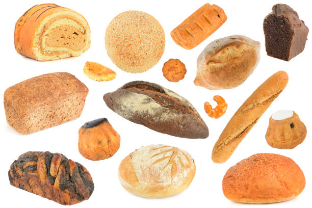 istock Delicious bread products made from different types of flour isolated on white 2181050645