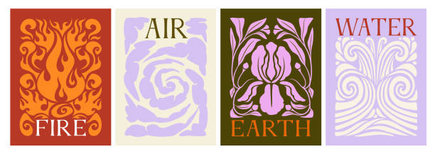 The concept of the four elements. Water, air, earth, fire. Flat vector illustrations The concept of the four elements. Water, air, earth, fire. Set of flat vector illustrations land formation drawings stock illustrations