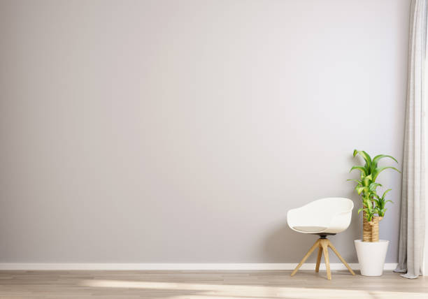 istock Minimalist Interior with White Chair and Potted Plant. 3D render 2181056646