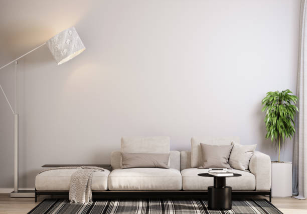 istock Modern Living Room with Beige Sofa and Floor Lamp. 3D render 2181056649