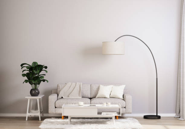 Cozy Modern Living Room with Arc Floor Lamp. 3D render