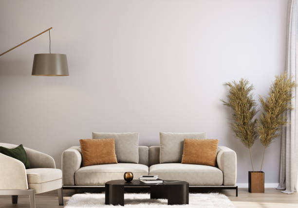 istock Modern Living Room with Beige Sofas and Brown Cushions. 3D render 2181056652