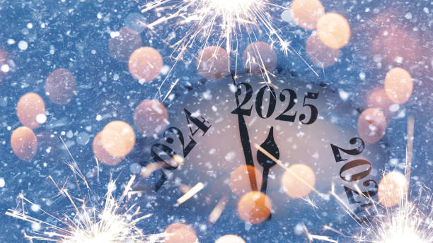 istock Countdown to midnight. Retro style clock counting last moments before Christmas or New Year 2025. Vintage. Vintage watch points to New Year 2025 in snow 2181059999