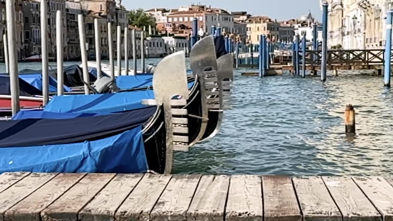 Slow motion covered gondolas in Venice bob up and down in morning light on the Grand Canal in Venice, Italy