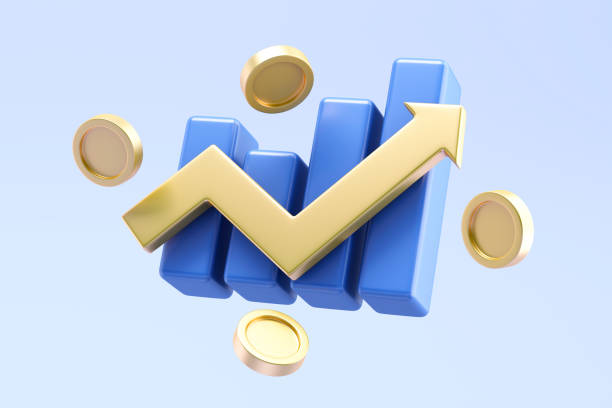 istock Blue bar chart with golden upward arrow and floating coins 2181064158