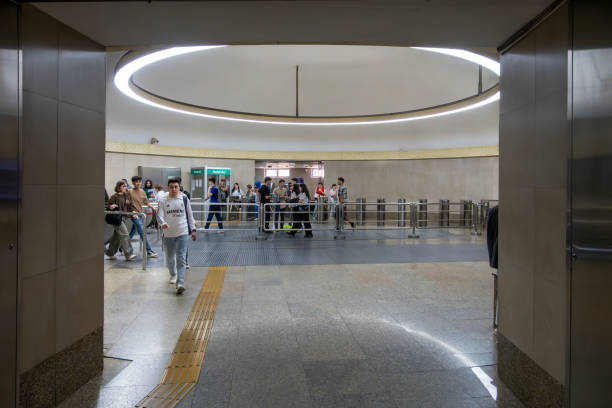 Baku, Azerbaijan Sept 22, 2024 A man walks in the exit to the Sahil Metro station.