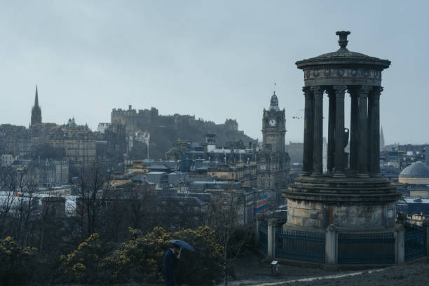 ancient cityscape and architecture style of Edinburgh, foggy weather, cloudy