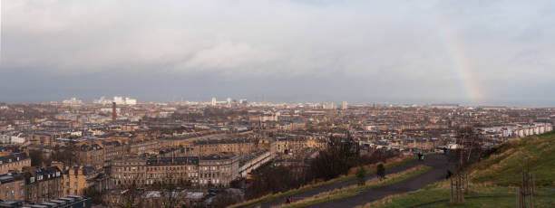 ancient cityscape and architecture style of Edinburgh, foggy weather, cloudy