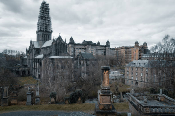 architecture style and decoration art of Glasgow Necropolis, Scotland, overcast weather